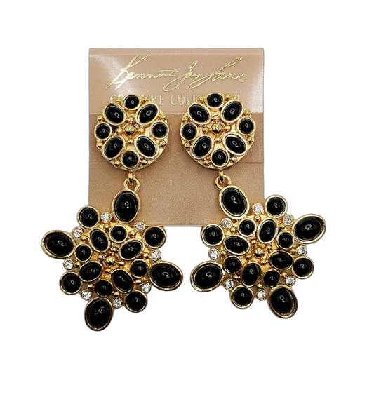 Gold with Rhinestone Black Cabochons Drop Clip Earring