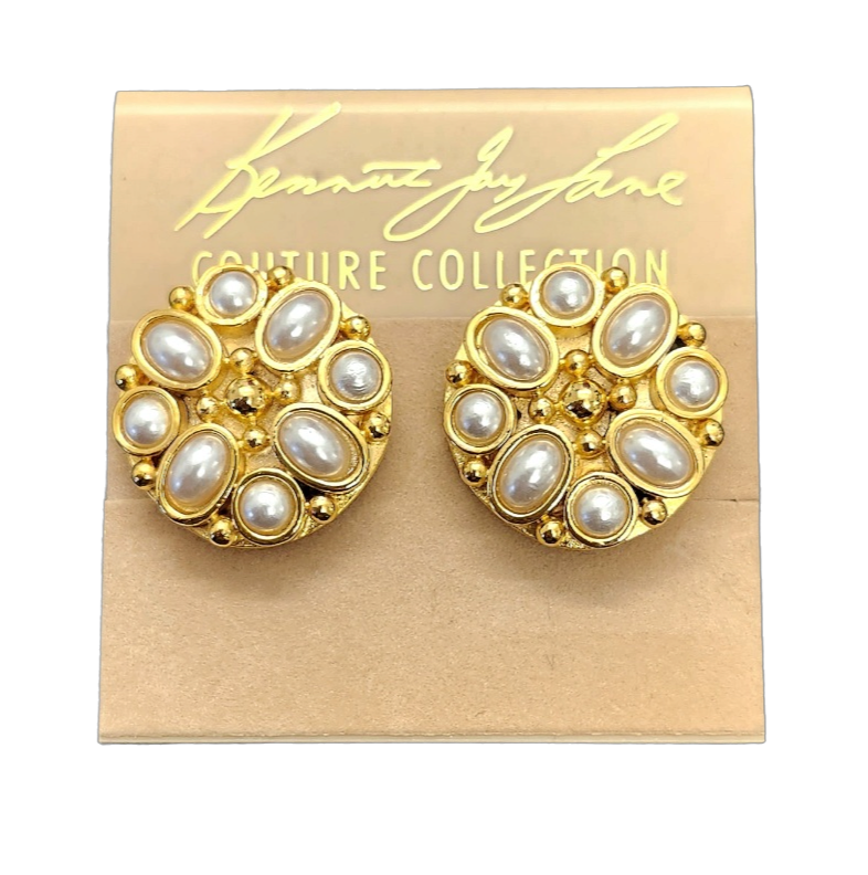 Gold Button Clip Earring with Pearl Cabochons