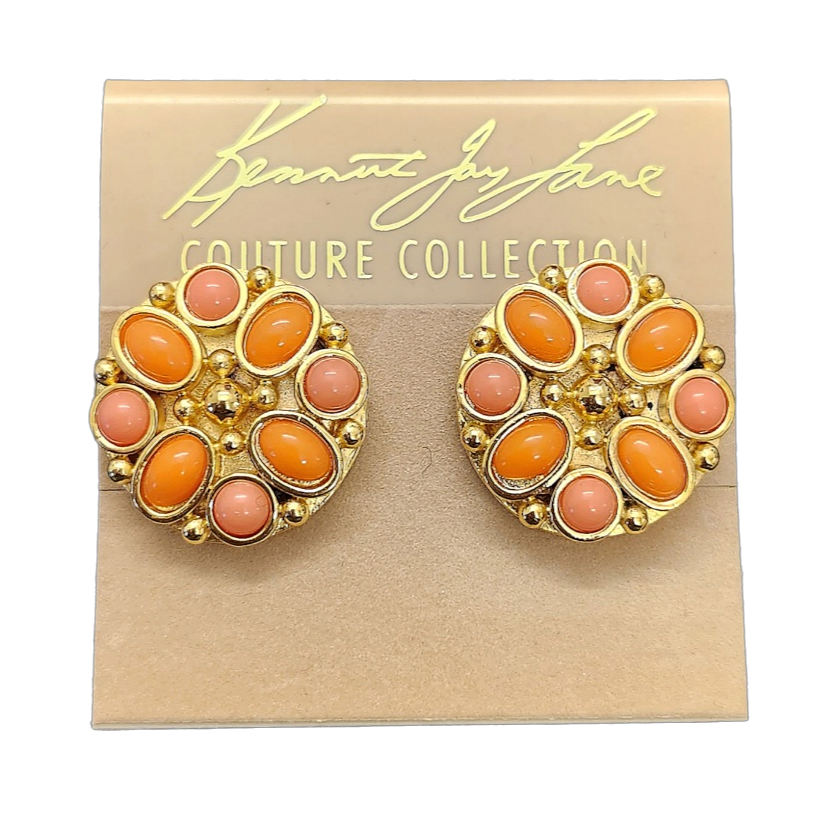 Gold Button Clip Earring with Coral Cabochons