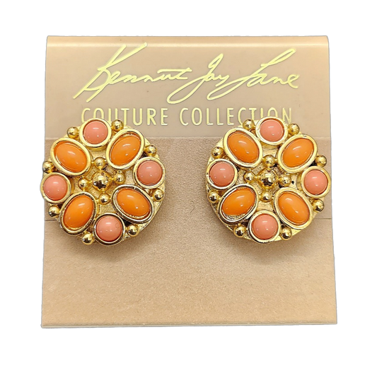 Gold Button Clip Earring with Coral Cabochons