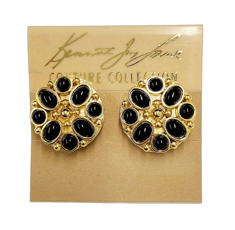 Gold Button Clip Earring with Black Cabochons