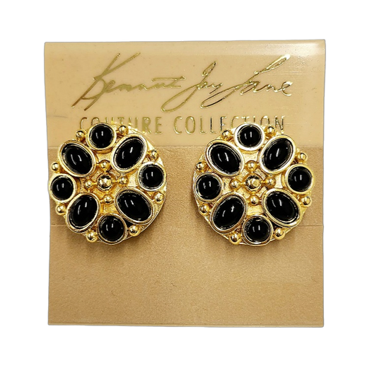 Gold Button Clip Earring with Black Cabochons
