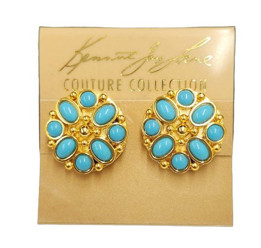 Gold Button Clip Earring with Turquoise Cabochons