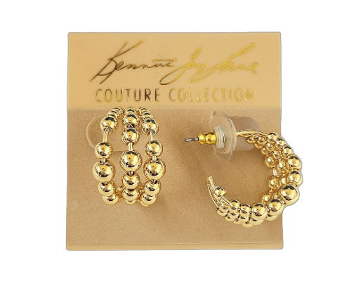 Three Row Polished Gold Round Beads Hoop Pierced Earring