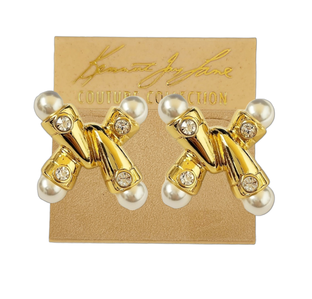 Gold Crystal "X" with 8mm White Pearl End Post Earring