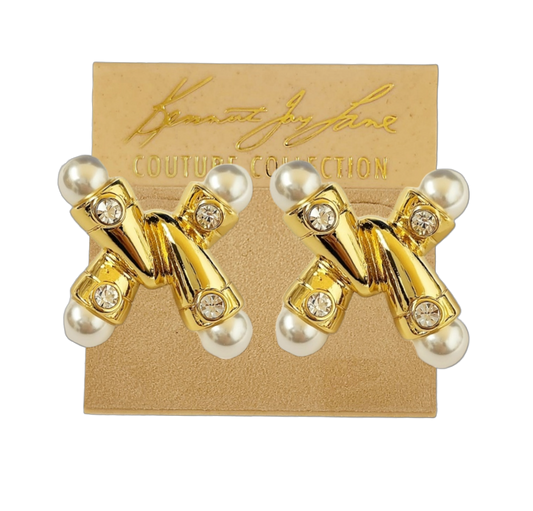 Gold Crystal "X" with 8mm White Pearl End Post Earring