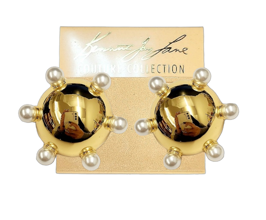 Polished Gold Button with 6mm White Pearl Post Earring