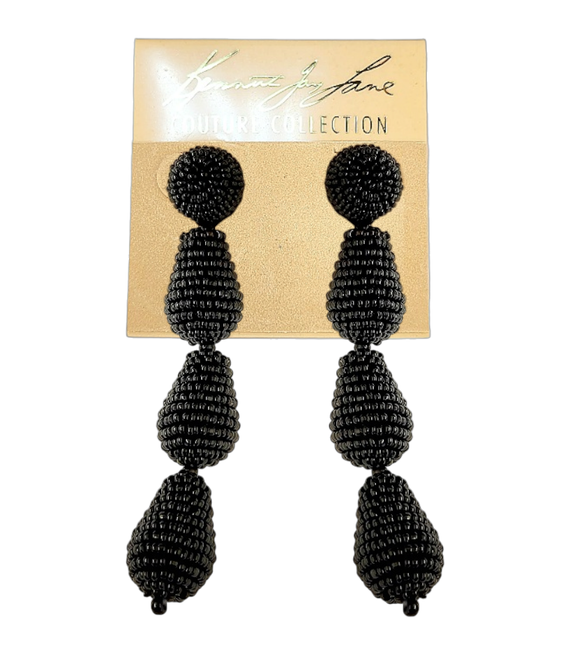 Round Black Top with 3 Black Seed Bead Drops Post Earring