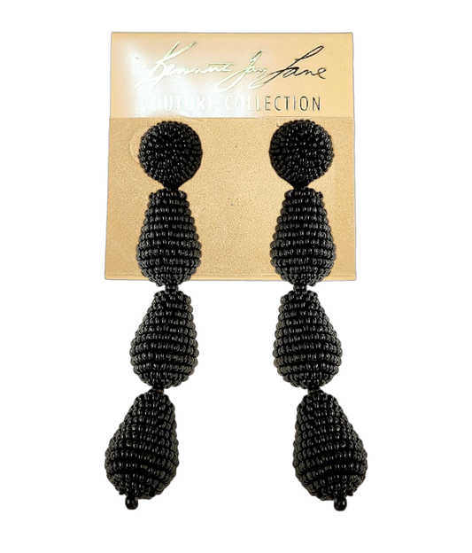 Round Black Top with 3 Black Seed Bead Drops Post Earring