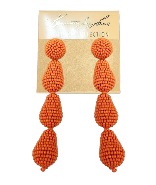 Round Coral Top with 3 Coral Seed Bead Drops Post Earring