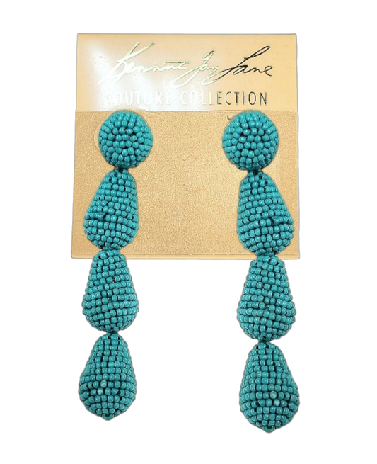 Round Turquoise Top with 3 Turquoise Seed Bead Drops Post Earring