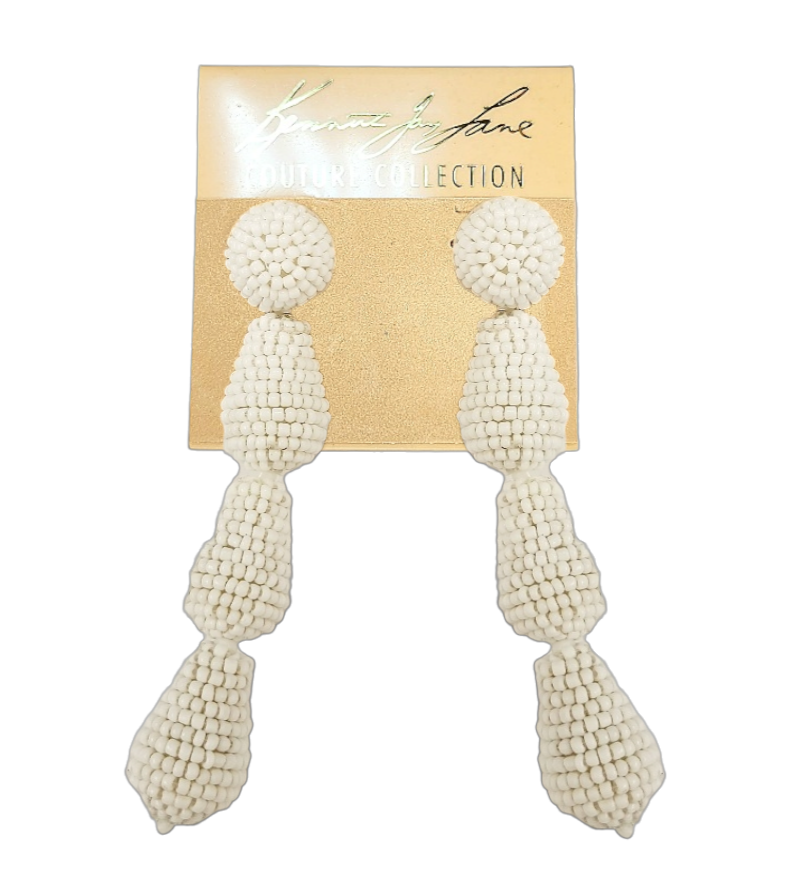 Round White Top with 3 White Seed Bead Drops Post Earring