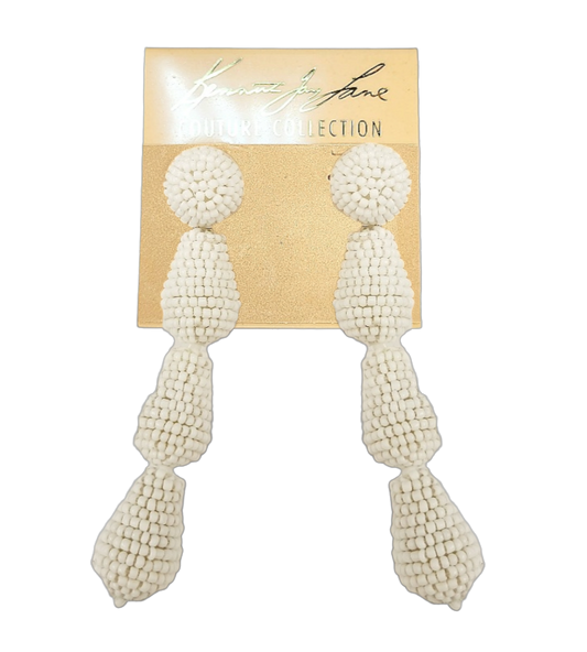 Round White Top with 3 White Seed Bead Drops Post Earring