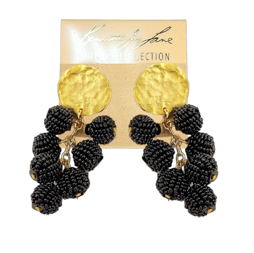 Gold Coin Top With Black Seed Bead Cluster Drops Earring