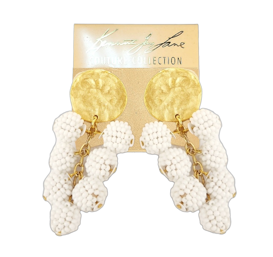 Gold Coin Top with White Seed Bead Cluster Drops Post Earring