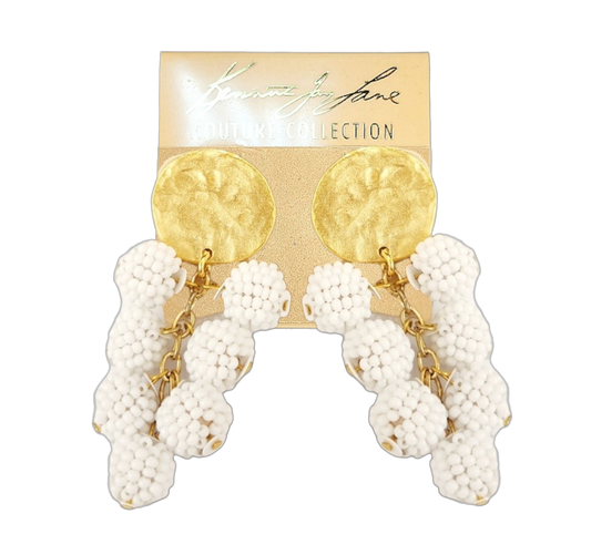 Gold Coin Top with White Seed Bead Cluster Drops Post Earring