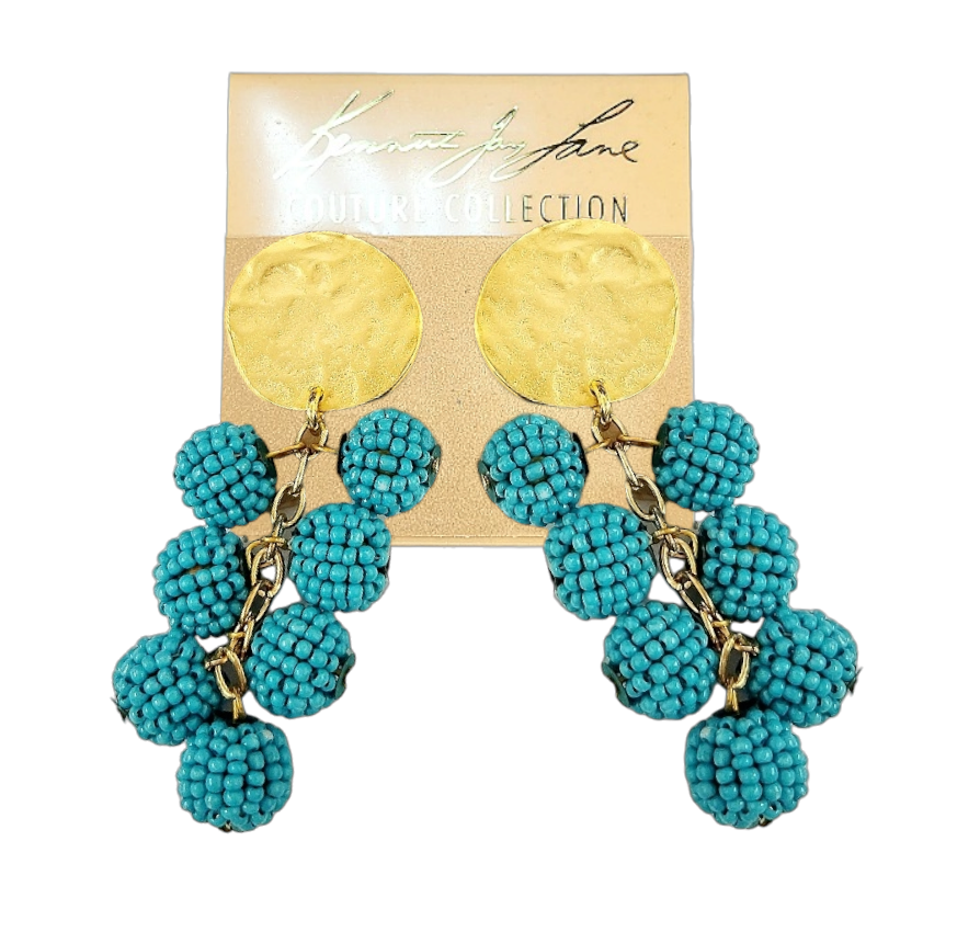 Gold Coin Top with Turquoise Seed Bead Cluster Drops Earring