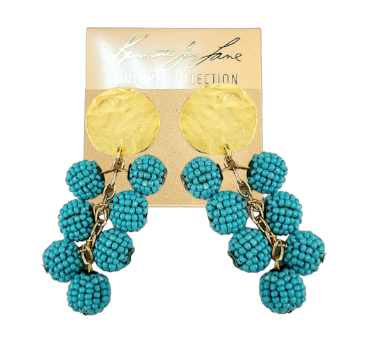 Gold Coin Top with Turquoise Seed Bead Cluster Drops Earring
