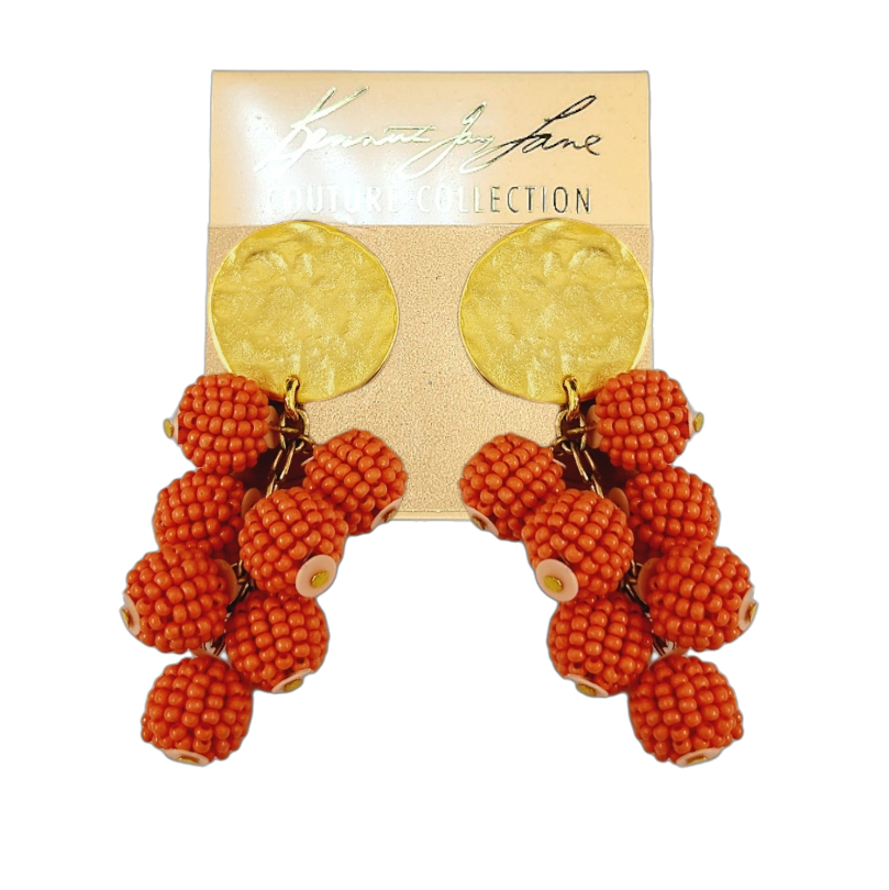 Gold Coin Top with Coral Seed Bead Cluster Drops Post Earring