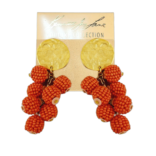 Gold Coin Top with Coral Seed Bead Cluster Drops Post Earring