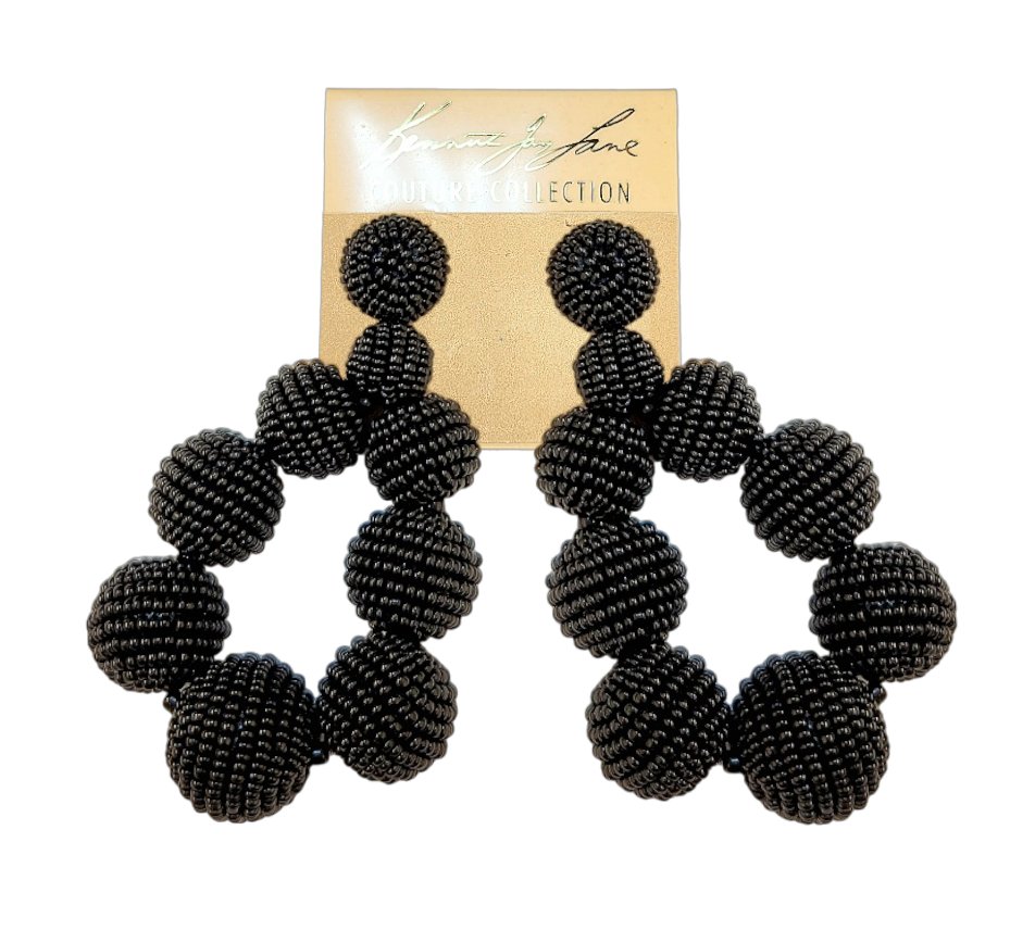 Graduated Black Seed Bead Ball Post Hoop Earring