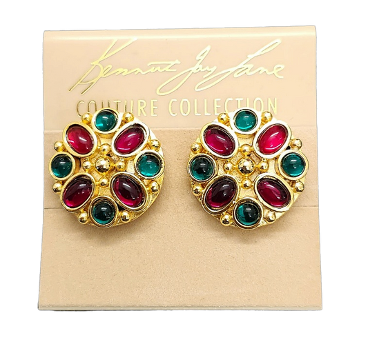 Gold Button Clip Earring with Multicolored Stones
