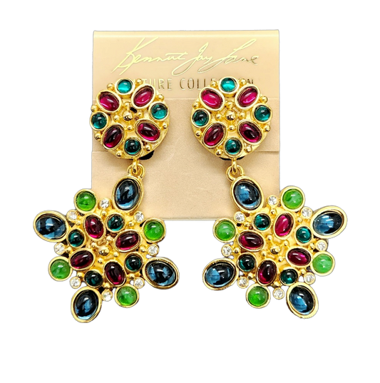 Gold with Rhinestone Multicolored Stones Drop Clip Earring
