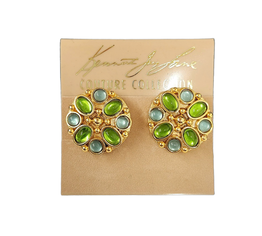 Gold Button Clip Earring with Aqua and Peridot Stones