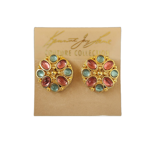 Gold Button Clip earring with Aqua and Pink Stones