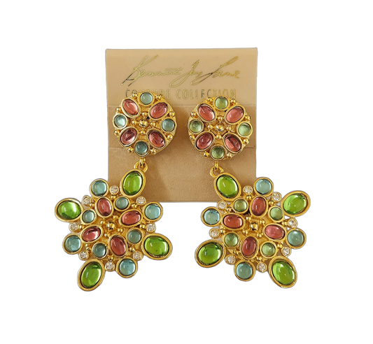 Gold with Rhinestone Light Multicolored Stones Drops Clip Earring