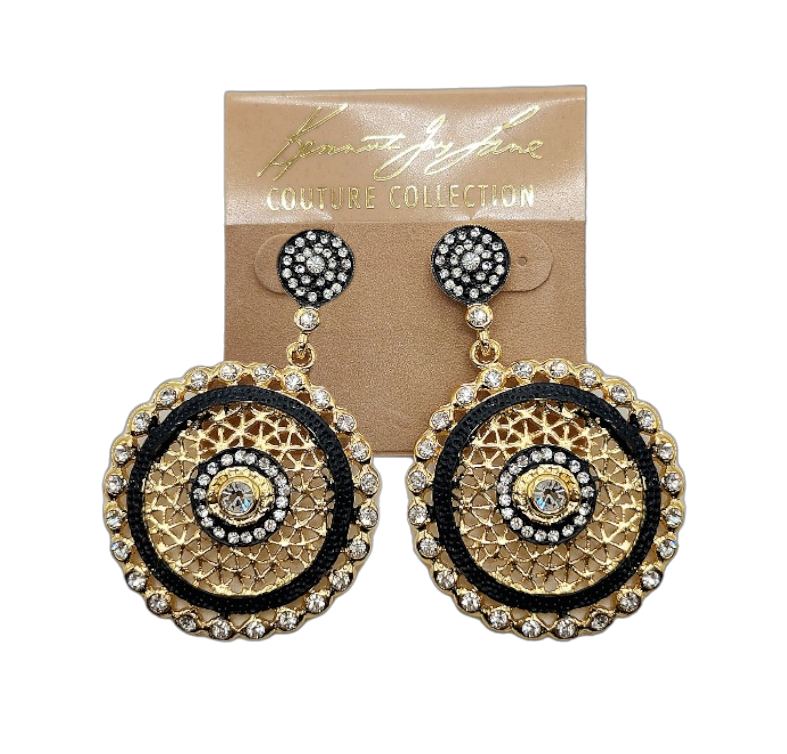 Black Crystal with Gold Crystal Trim & Black Center Pierced Earring