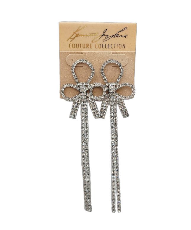Silver Crystal Bow with 2 Row Crystal Drop Pierced Earring