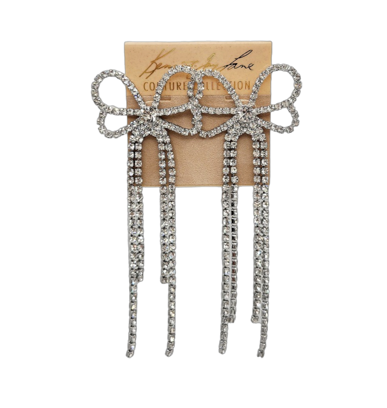 Silver Crystal Bow with 4 Row Crystal Drop Pierced Earring