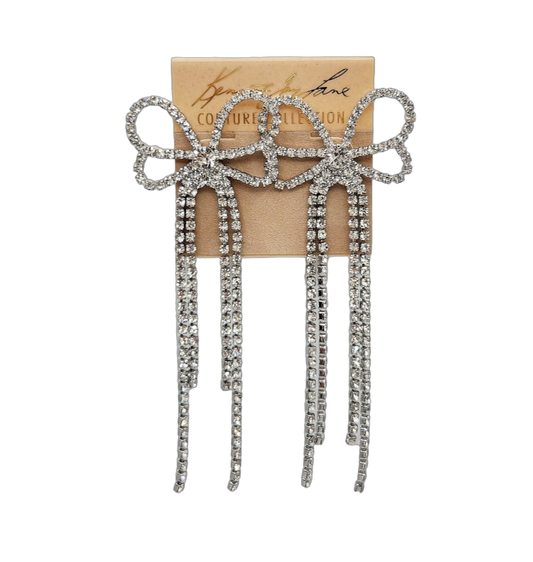 Silver Crystal Bow with 4 Row Crystal Drop Pierced Earring