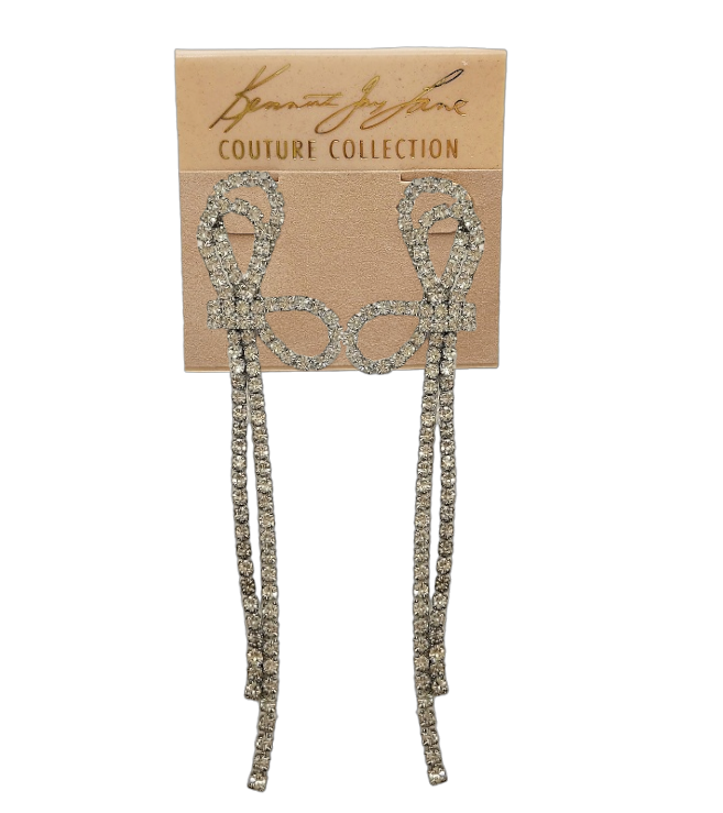 Sideways Silver Crystal Bow with 2 Row Crystal Drop Pierced Earring