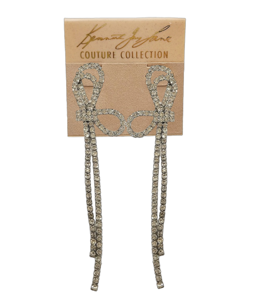 Sideways Silver Crystal Bow with 2 Row Crystal Drop Pierced Earring