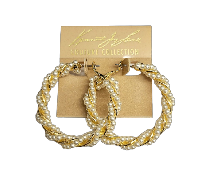 Gold with Pearl Twisted Hoop Pierced Earring
