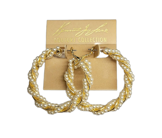 Gold with Pearl Twisted Hoop Pierced Earring