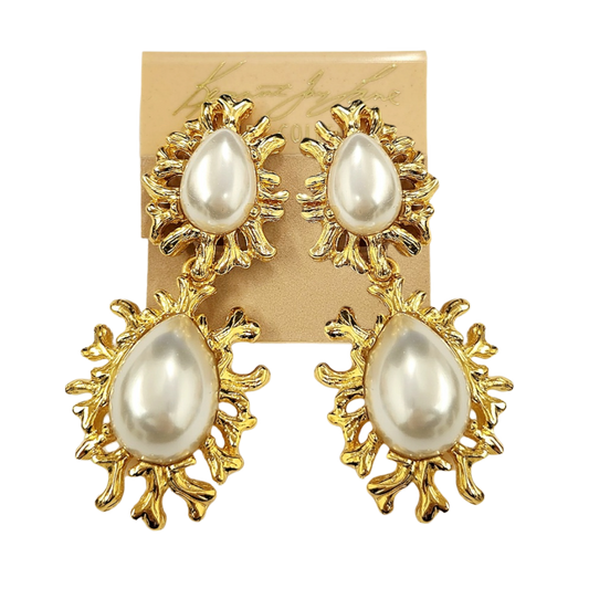 Gold Sea Branch with Pearl Drop Clip Earring