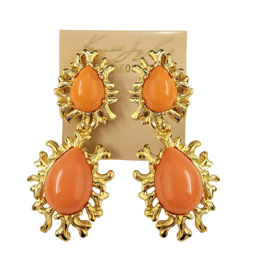 Gold Sea Branch with Coral Drop Clip Earring