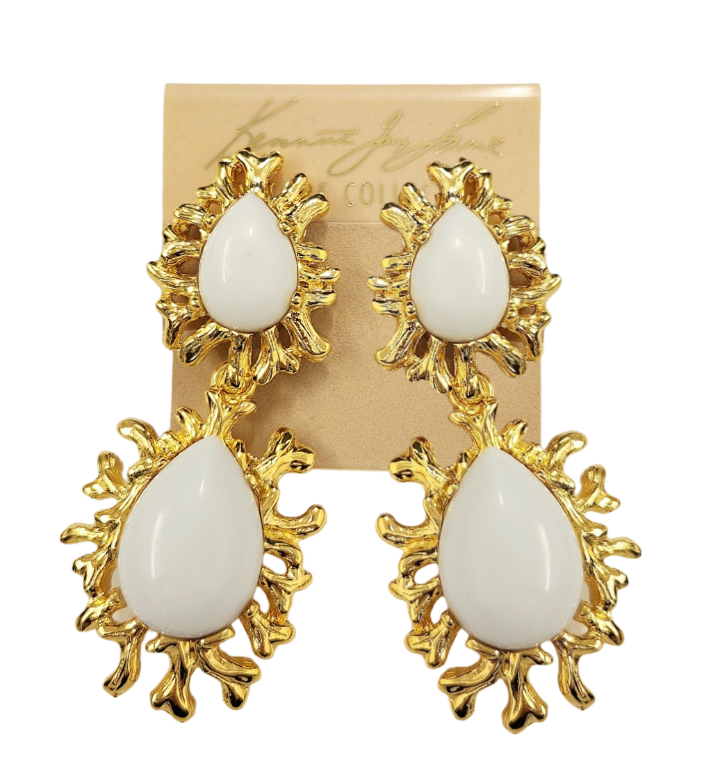 Gold Sea Branch with White Drop Clip Earring