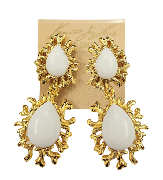 Gold Sea Branch with White Drop Clip Earring