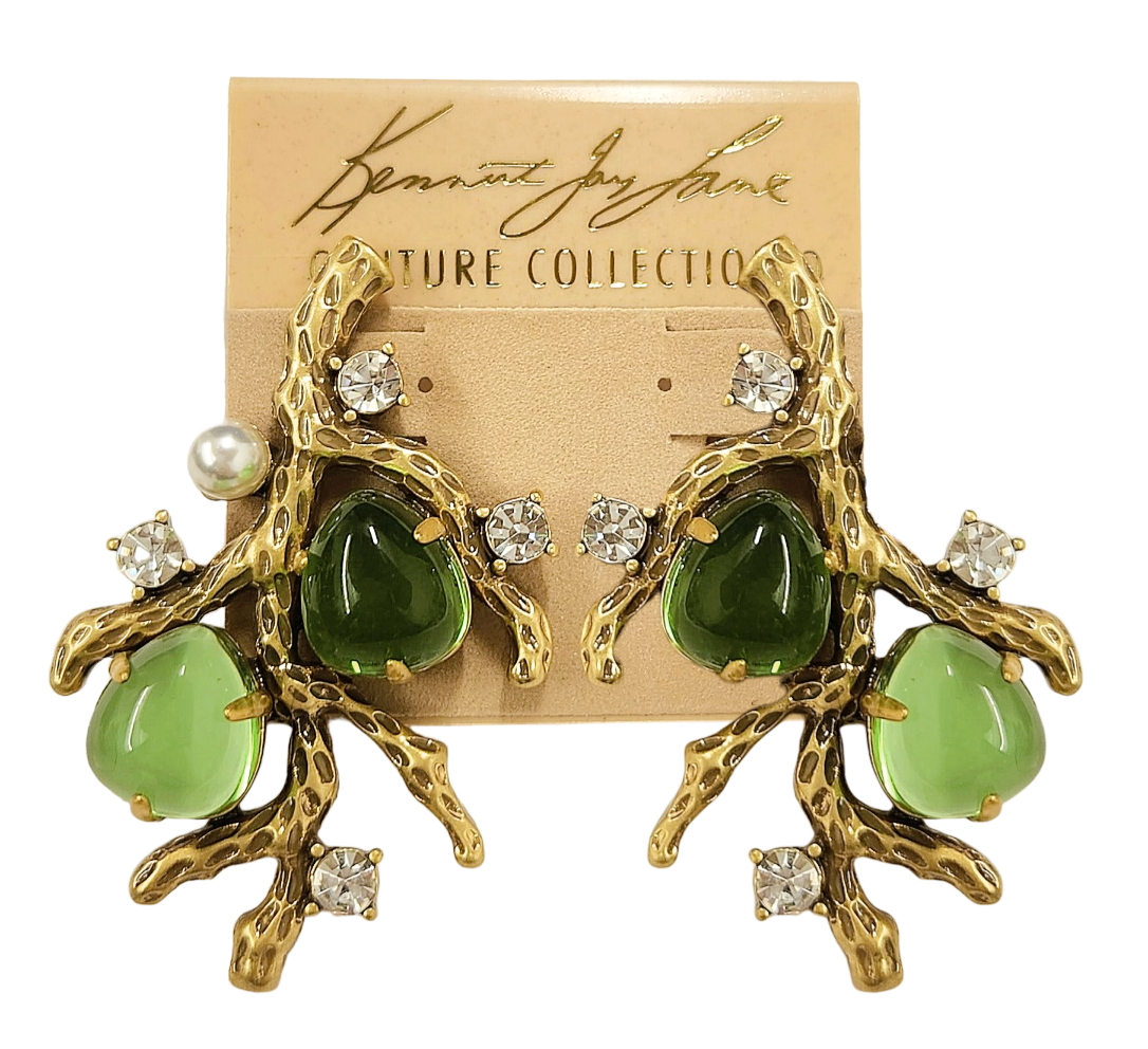 Gold Sea Branch with Pearls- Crystal- Peridot Pierced Earring