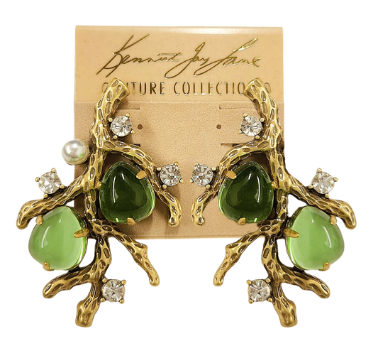 Gold Sea Branch with Pearls- Crystal- Peridot Pierced Earring