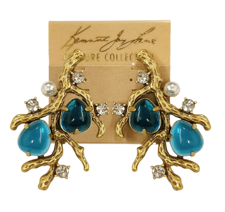 Gold Sea Branch with Pearls- Crystal- Aqua Pierced Earring
