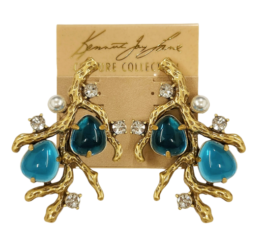 Gold Sea Branch with Pearls- Crystal- Aqua Pierced Earring