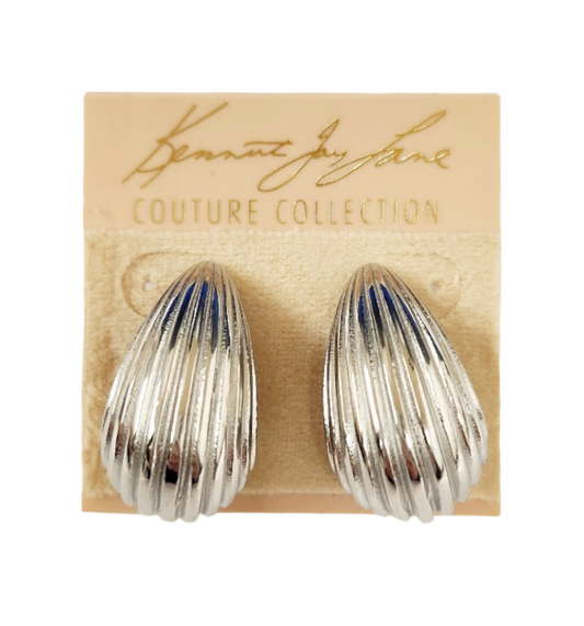 Polished Silver Ribbed Tapered Hoop Pierced Earring