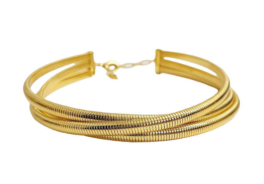 3 Row Ribbed Gold Snake choker lobster claw Necklace