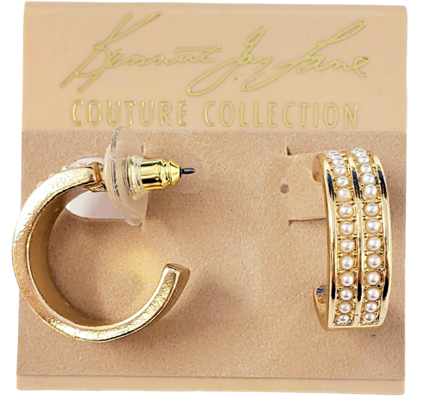 3-4" x 3-4" Gold Post Hoop Earring with 2 Rows of Pearl Dots