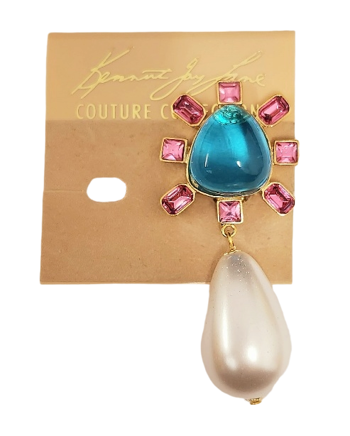 Gold-Pink Side with Aqua Cabochon Center Pearl Drop Clip Earring